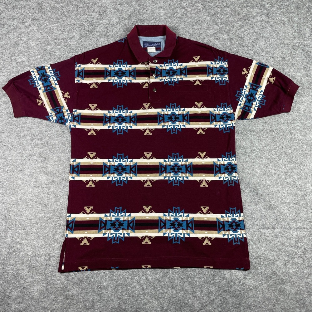 Vintage Wrangler Polo Shirt Mens M Burgundy Aztec Southwestern Tribal Pique 90s - Picture 1 of 8
